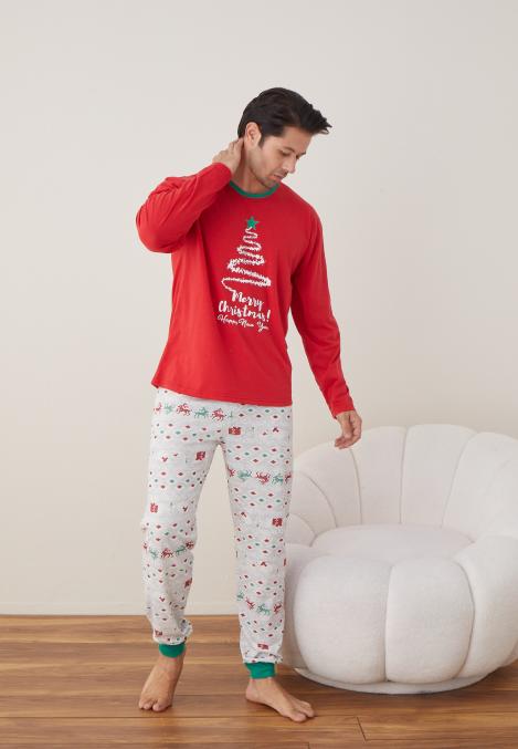 Pijama barbati Craciun " Merry Chrystmas " maneca lunga ,pantaloni lungi,Culoare Rosu Engros